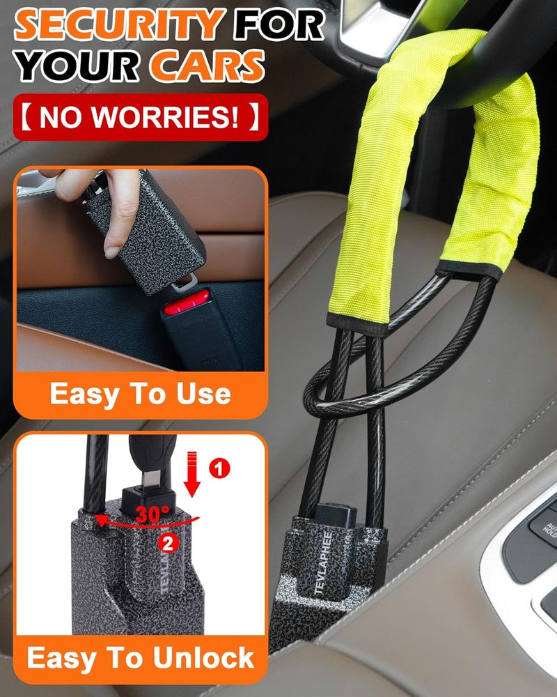 Tevlaphee Steering Wheel Lock Seat Belt Lock Universal Anti Theft Car Device Car Lock Car Theft Prevention with 3 Keys for Car Security Fit Most Vehicles Truck SUV Van (Yellow) - Image 4